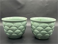 (2) Sea Green Clamshell Ceramic Planters