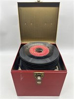 Red Metal Box w/ 45's, Small Vinyl Records