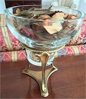 GLASS BOWL FILLED WITH POTPOURRI ON BRASS STAND