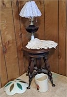 Antique Piano Stool, Crock, Milk Glass Lamp