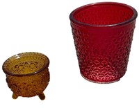 Red Glass Planter & Small Amber Glass Bowl