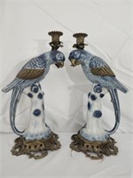 Pair Castilian Porcelain Large Parrot candlesticks
