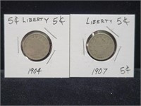 TWO- LIBERTY NICKELS 1904 / 1907