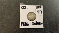 1936 Canadian Silver 10 Cent Coin