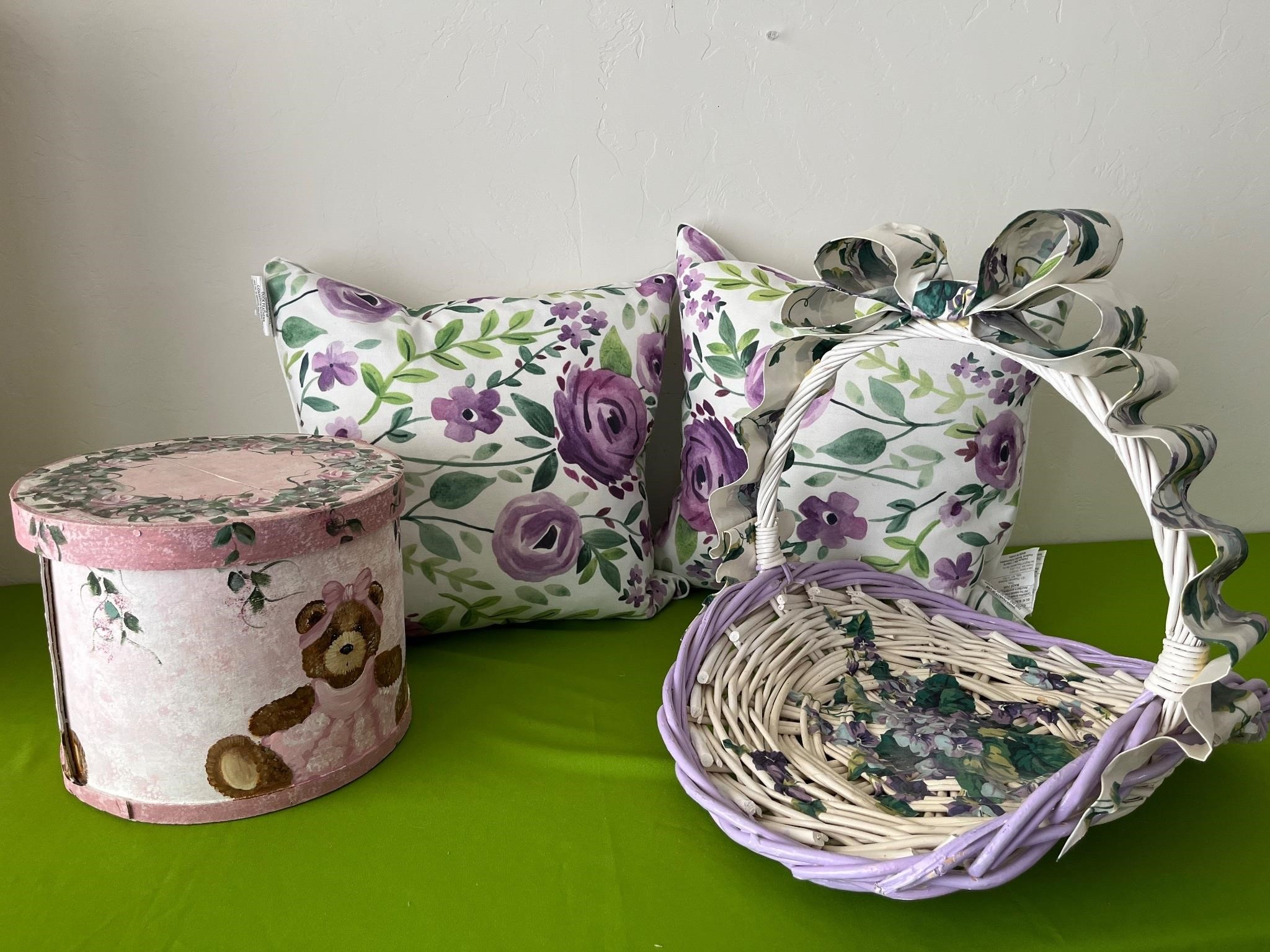 Purple & White Floral Throw Pillows, Basket +++
