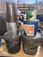 Vintage lard buckets and other tins