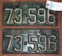 Matched Pair of Vintage 1934 NH License Plates