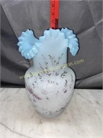Hand painted blue art glass ruffle vase does have