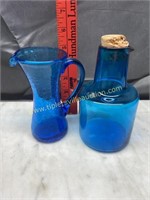 2 blue art glass cruets