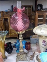 30in hurricane lamp with cranberry swirl globe