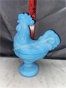 Blue slag glass rooster candy stand