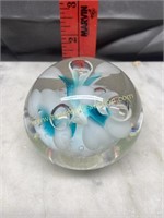 Art glass trapped bubble blue and white flower