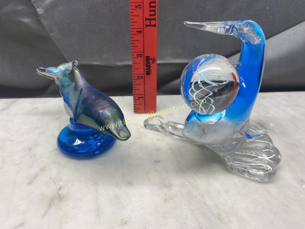 2 art glass dolphins both with damage