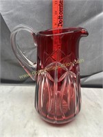 Heavy polish crystal cranberry to clear pitcher