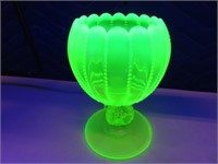 5" Patterned Uranium Glass Cup Green EXC