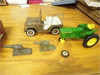 Tonka Jeep, (2) Military Cannons, JD Metal Tractor