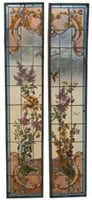 Pair of Painted Glass Windows w/ Birds and Flowers