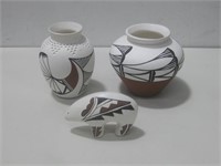 Three Signed Pottery Pieces Tallest 6"