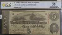 1863 PCGS CONFEDERATE $5 NOTE CHOICE VF 35