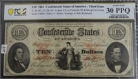 1861 PCGS CONFEDERATE $10 NOTE VERY FINE 30 PPQ