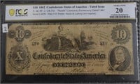 1862 PCGS CONFEDERATE $10 NOTE VERY FINE 20