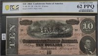 1864 PCGS CONFEDERATE $10 NOTE UNCIRCULATED 62 PPQ