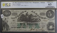 1864 PCGS $5 TREASURY NOTE OF ALABAMA  CHOICE UNC
