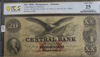 1850'S PCGS $20 CENTRAL BANK OF ALABAMA VERY FINE