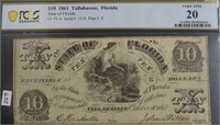 1861 PCGS $10 STATE OF FLORIDA NOTE   VF20