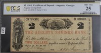 1861 PCGS $2 CERTIFICATE OF DEP GEORGIA VF 25
