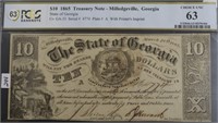 1865 PCGS $10 TREASURY NOTE OF GEORGIA CHOICE UNC