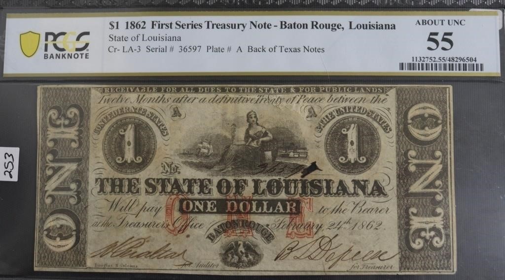 1862 $1 TREASURY NOTE OF BANK OF LOUISIANA  ABOUT