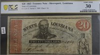1863 PCGS $20 TREASURY NOTE OF LOUISIANA VF30