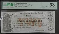 1860'S  $2 PMG WASHINGTON COUNTY SCRIPT OF TEXAS