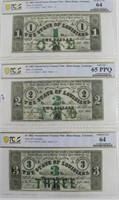 1862 $1, $2, $3 RARE NOTES ON RECYCLED HOLLY SPRIN