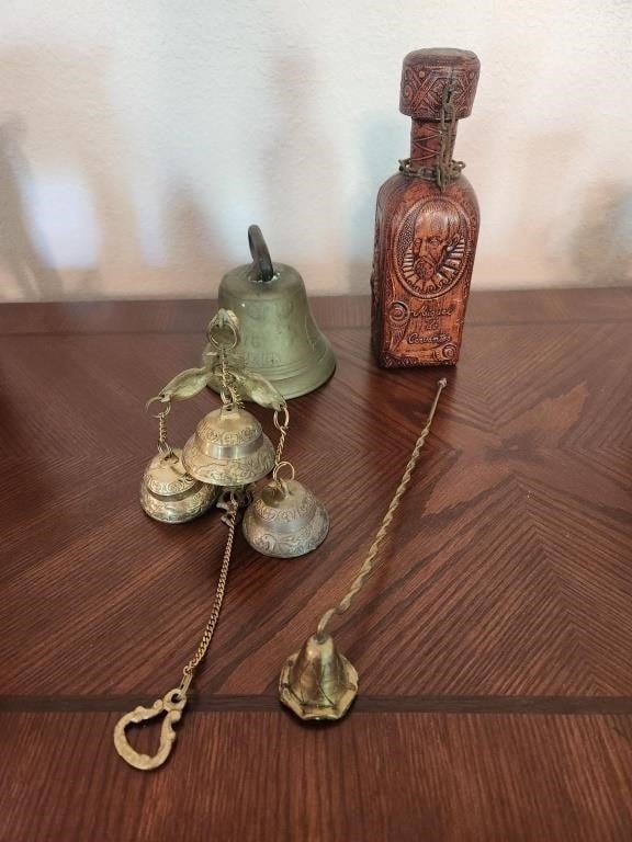 Vintage Leather Decanter, Cow Bell, Bells, Candle