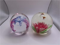 (2) Art Glass 3.5" Paperweight Glass Balls scenes
