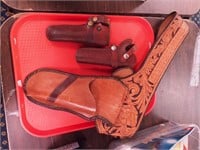 Tooled leather gun belt and holster and