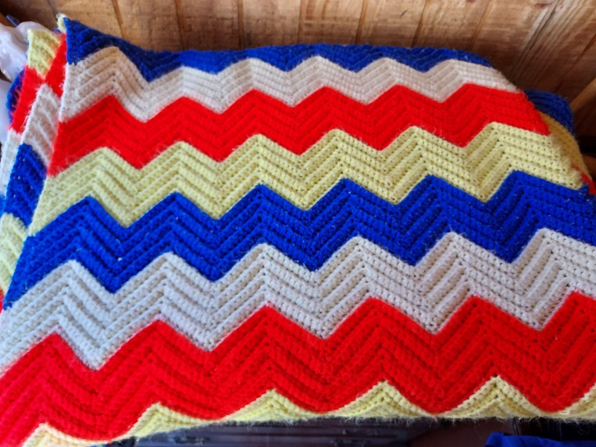 70s Red White Blue Chevrol Crochet Blanket Afghan