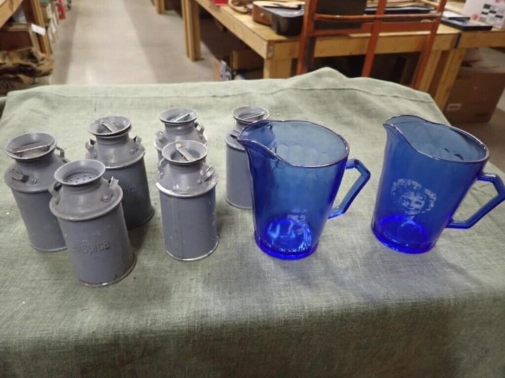 (2) Shirley Temple Blue Pitchers & (3) Sets Of