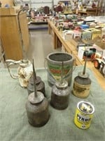 (5) Oil Cans, Flambeau Honey Tin, Pyroil
