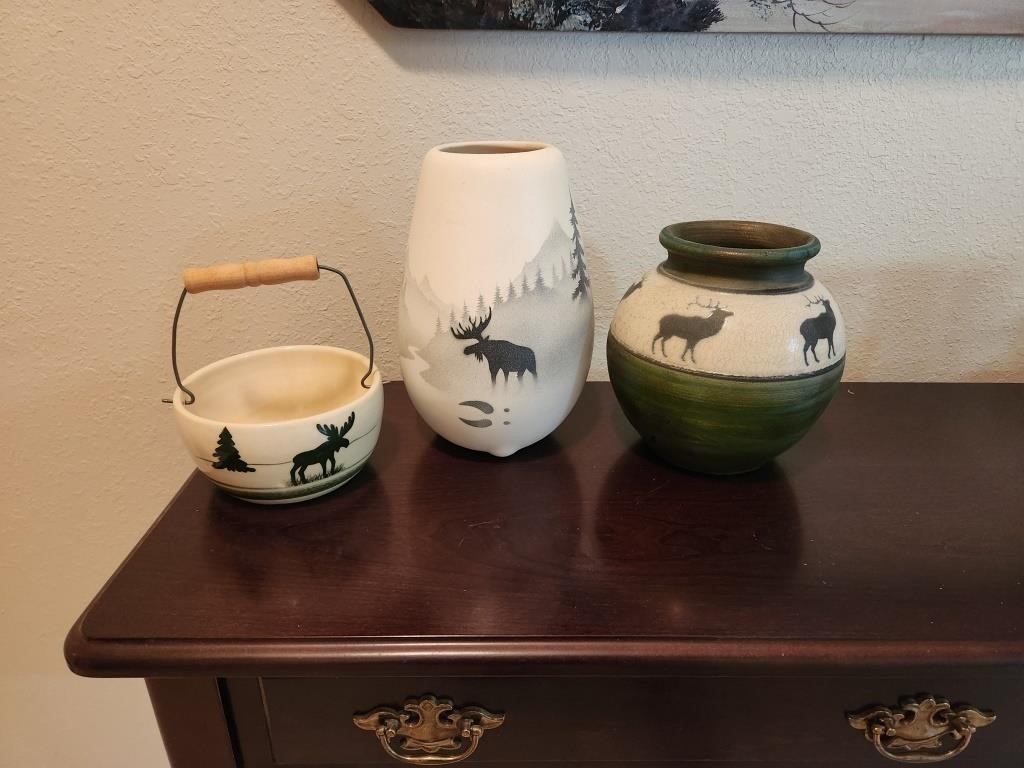 Lot of 3 Moose Pottery Decor Items
