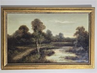 Framed painting on board of trees