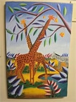 Signed L Athias Painting of Giraffes on Canvas