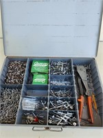Metal tray of rivets and rivet tool