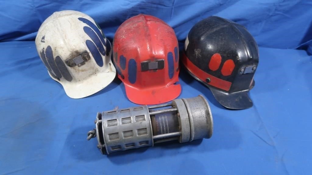 3 Cole Mining Hats, Flame Safety Lantern