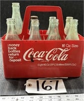 8 Soda Bottles & Plastic Coke Advertising Carrier