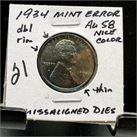 1934 WHEAT PENNY CENT MISSALIGNED DIES TONED