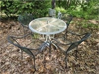 Lot of 4 Metal Chairs and Glass Top Outdoor Table