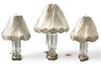 Set of 3 Ornate Crystal Prism Lamps.